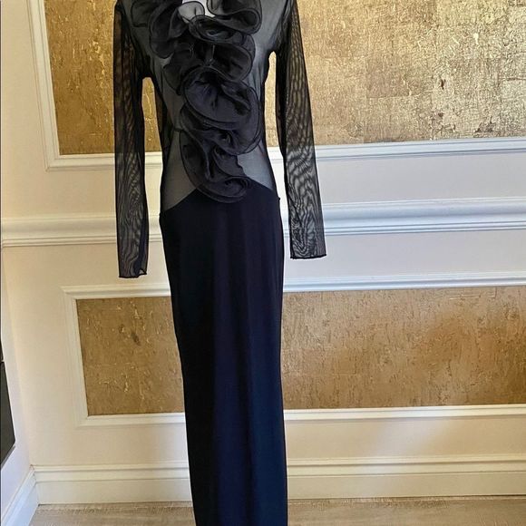 Costume MADE black ruffles mesh maxi dress S - Picture 2 of 4